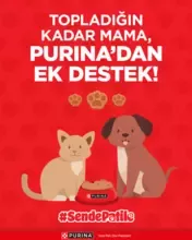 Sen De Patile Afişi. Afişin üstünde "Topladığın Kadar Mama, Purina'dan ek destek" yazısı ve yan yana kedi köpek var
